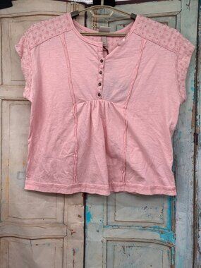 Knox Rose Pink Embroidered Yoke Short Sleeve Henley Top XL 100% Cotton